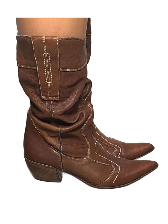 Shoes - Vic Matie Italian Leather Slouch Cowboy Boots Brown Pointed Toe Y2K Size 38.5